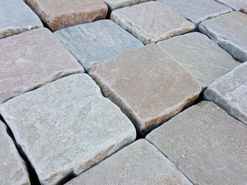 Raj Green sandstone square cobbles, tumbled
